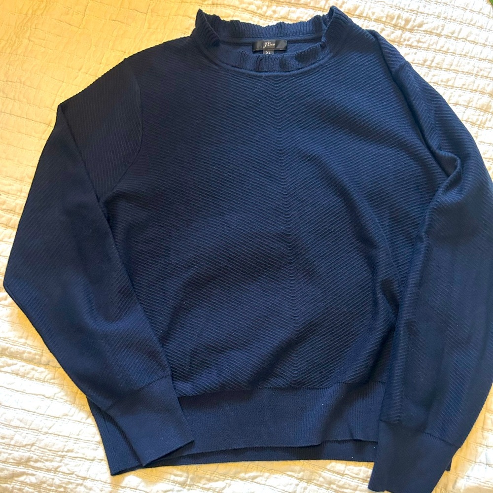 J Crew deep navy ruffle neck sweater size XL